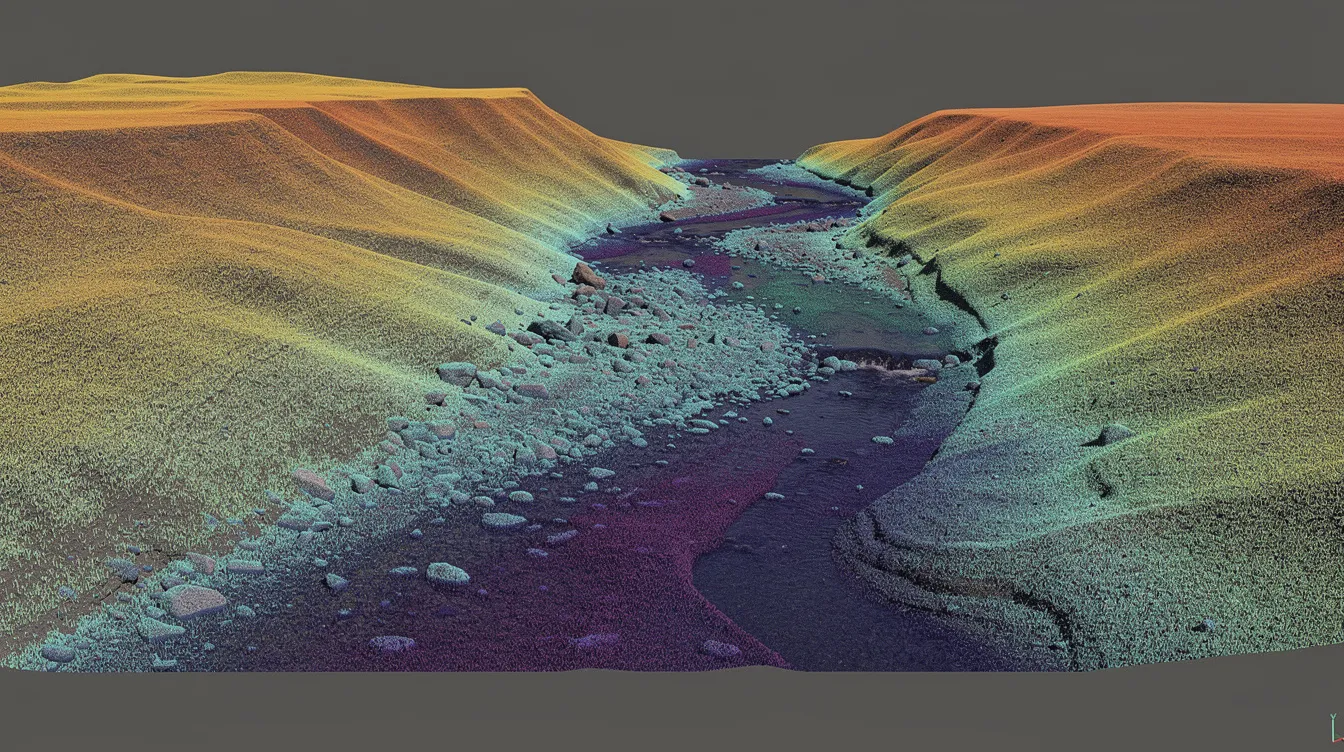 Obraz przedstawia kolorową chmurę punktów, która ilustruje dno rzeki oraz brzegi z gradientem głębokości, pokazując precyzyjne odwzorowanie terenu. System lidar, taki jak yellowscan navigator, zapewnia innowacyjne i dokładne pomiary, umożliwiające analizę linii brzegowej.