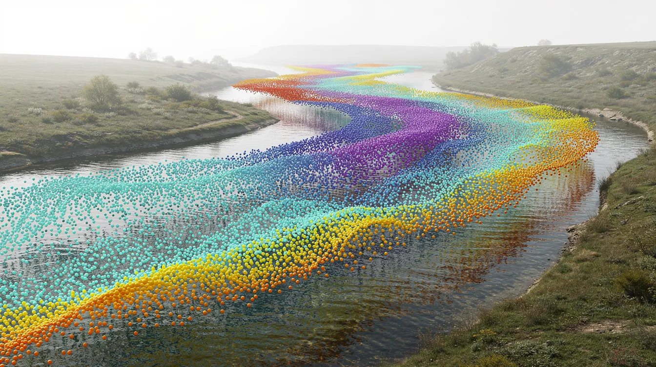 Wizualizacja przedstawia chmurę punktów nad rzeką, wzbogaconą kolorowym modelem głębokości, co umożliwia lepsze zrozumienie ukształtowania terenu. Tego typu dane, generowane przez rozwiązania Lidar, są niezwykle przydatne w inżynierii cywilnej oraz w procesie zbierania danych.