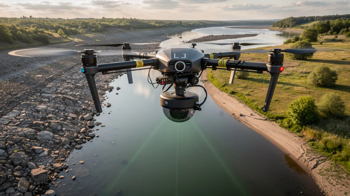 Na zdjęciu widoczny jest dron przemysłowy z zamontowanym systemem LiDAR, który unosi się nad rzeką, ukazując jej brzegi. Dron, wyposażony w zielony laser, zapewnia precyzyjne odwzorowanie linii brzegowej, co podkreśla innowacyjność i jakość rozwiązań lidarowych.